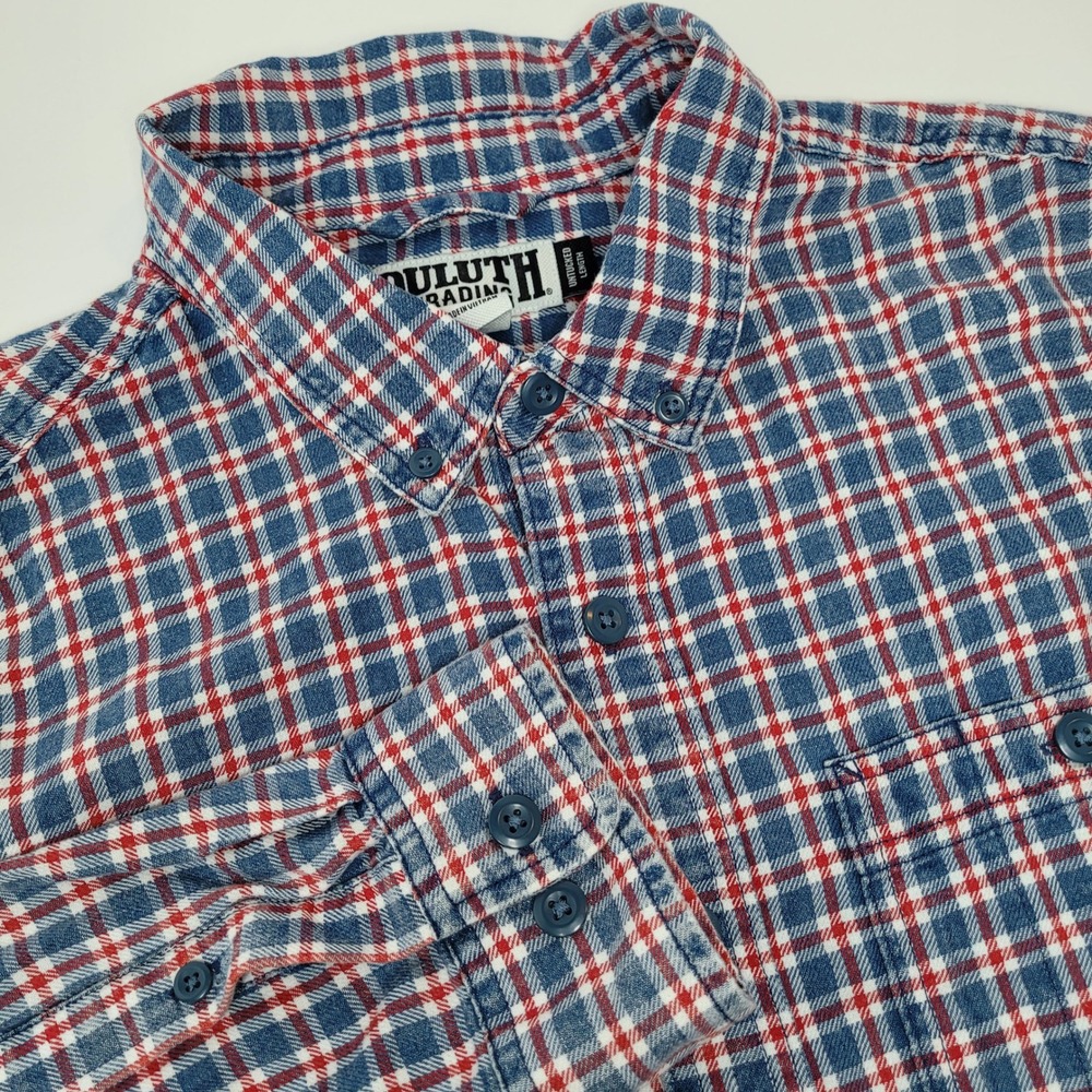 Duluth Trading Co Flannel Shirt Mens XL Tall Blue Red Plaid Excellent Untucked